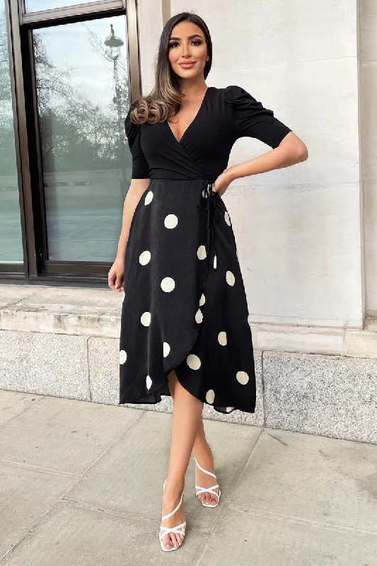 midi dresses in solid colorsCaroline Black and Cream Polka Dot 2 in 1 Midi Dress