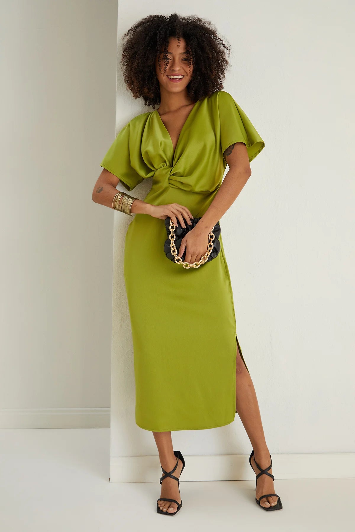 midi dresses in pastel colorsFarra Lime Green Twist Detail Satin Midi Dress