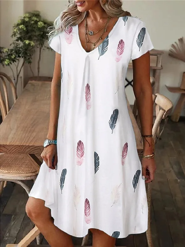 fitted midi dressesCityHottie - Women's Casual Dress Summer Dress Print Dress Leaf Floral Print V Neck Midi Dress Fashion Modern Outdoor Daily Short Sleeve Regular Fit Black White Yellow Summer Spring S M L XL XXL