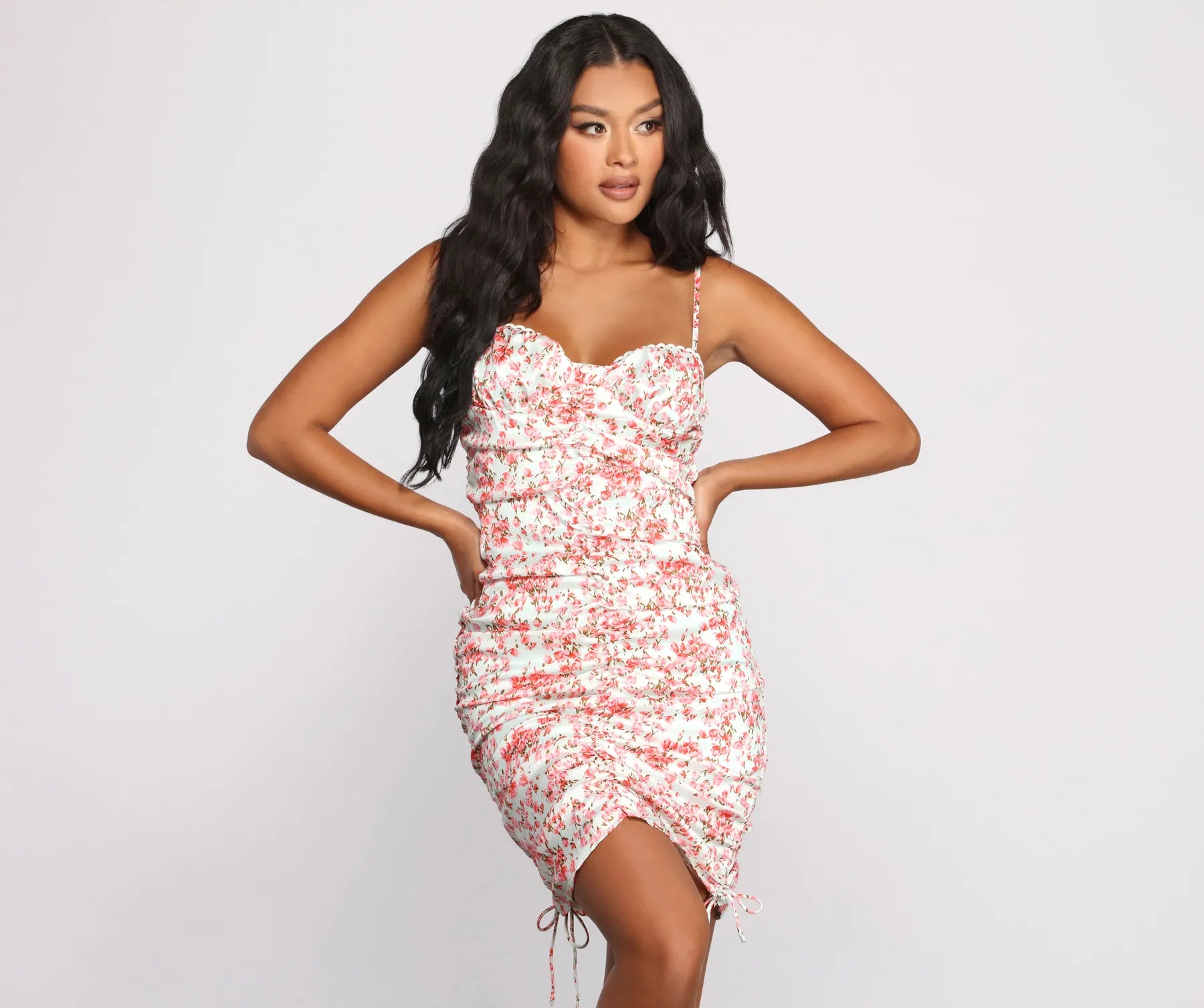 chic Mimi dresses for partiesDouble Drawstring Floral Mini Dress