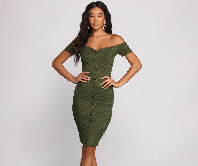 midi dresses with sleevesAll Buttoned Up Off Graceful The Shoulder Midi Dress