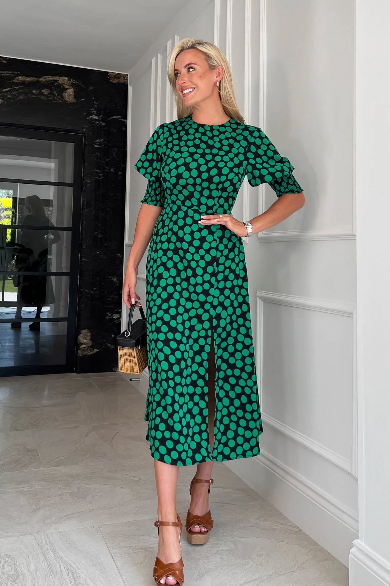 midi ballerina dressesBernie Green Polka Dot Shirred Cuff Midi Dress