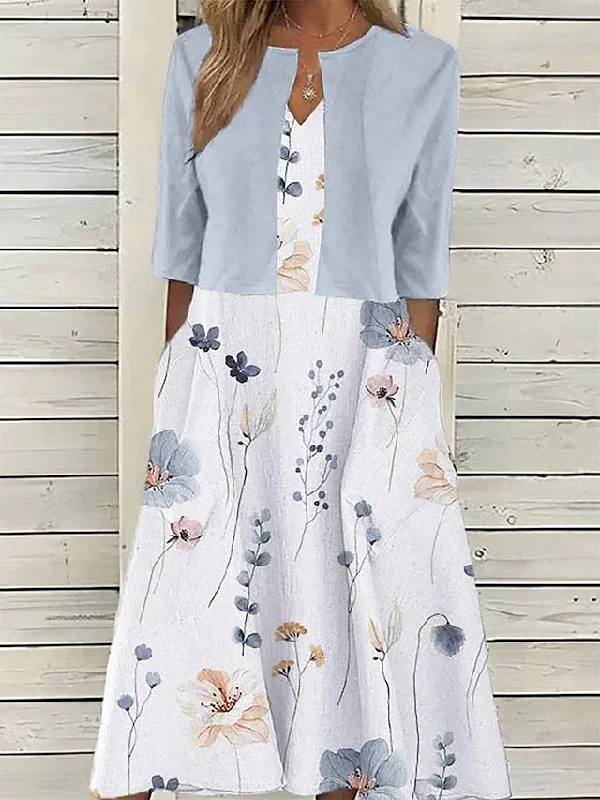 everyday midi dressesCityHottie - Women's Two Piece Dress Set Casual Dress Print Dress Outdoor Daily Fashion Elegant Pocket Print Midi Dress V Neck Half Sleeve Floral Regular Fit Pink Blue Purple Summer Spring S M L XL XXL