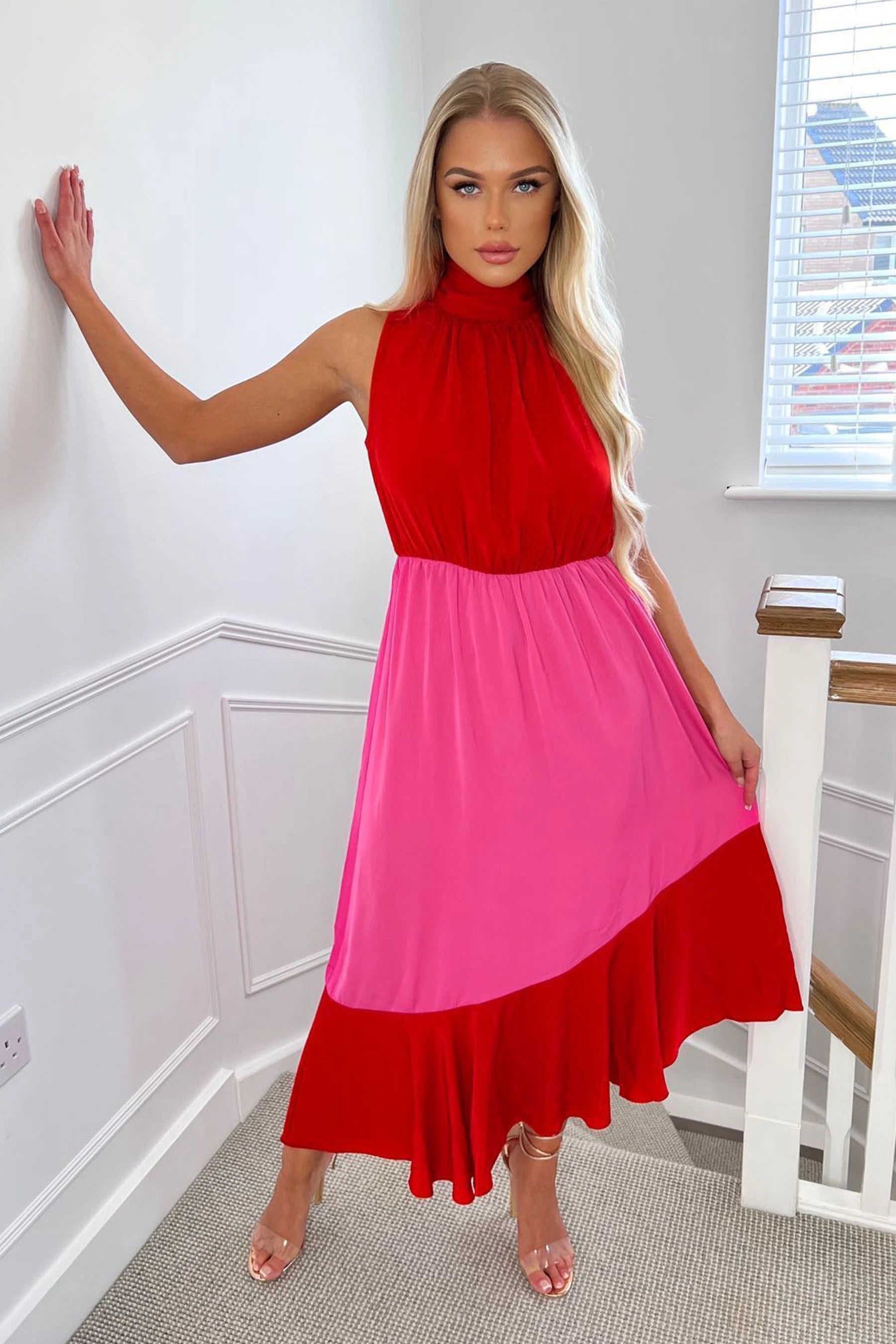 women's midi dressesYvette Red and Pink High Neck Tiered Midi Dress