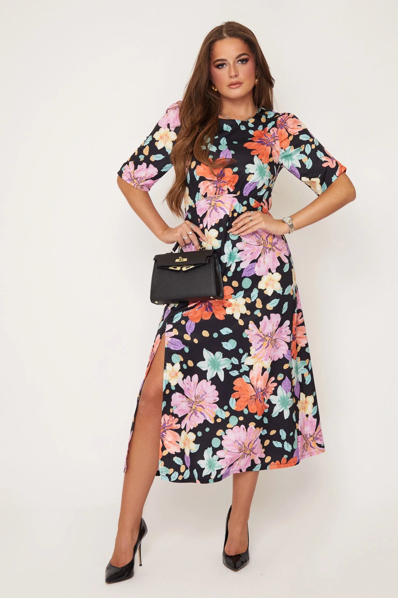 midi dresses with keyhole backsPollie Polka Dot Floral Print Midi Dress