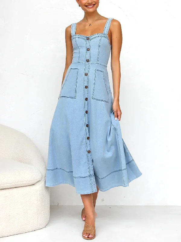 high-slit midi dressesDenim Suspender Casual Charming Button Midi Dress