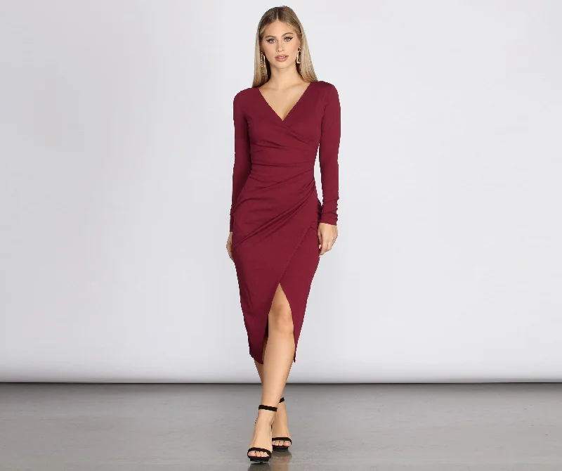 casual everyday midi dressesKeily Formal Ruched Charming Crepe Midi Dress