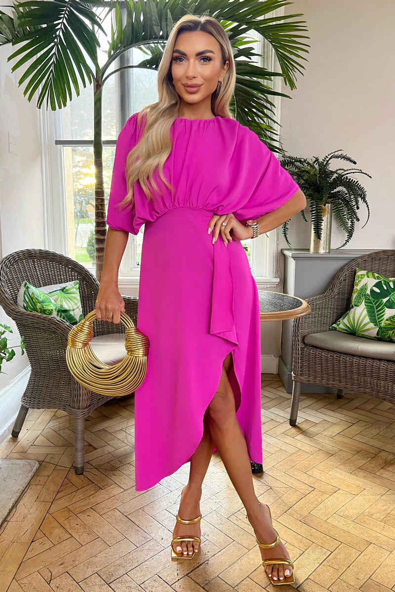 cinched-waist midi dressesDestiny Hot Pink Batwing Top Wrap Skirt Midi Dress