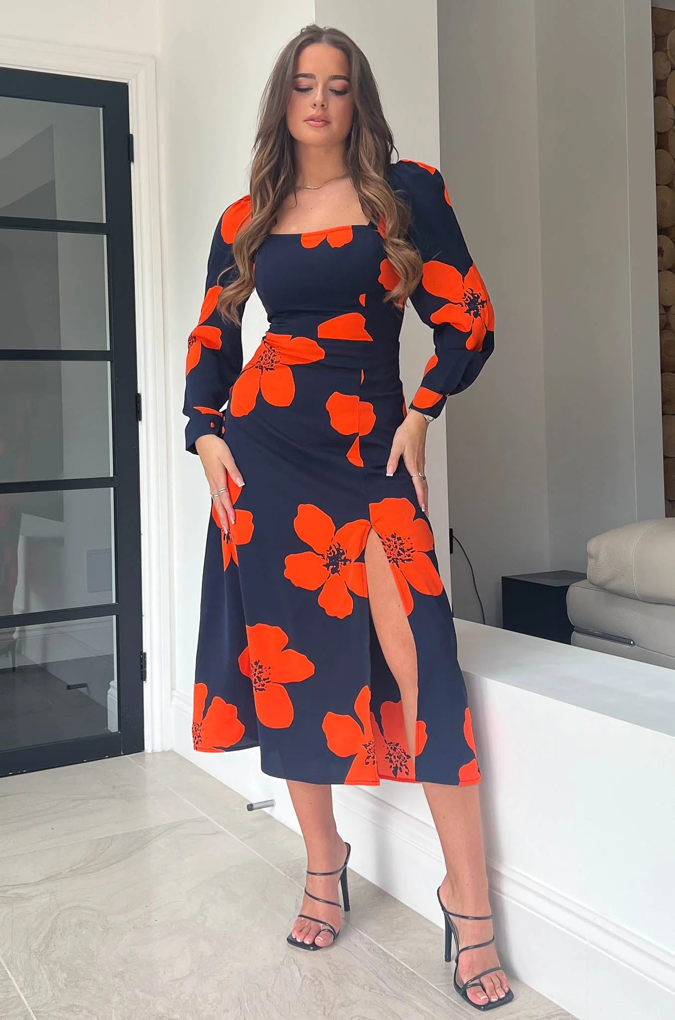 midi dresses with frillsBreanna Navy & Orange Floral Square Neck Midi Dress