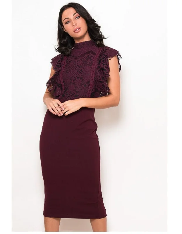 midi dresses for petitesJane Wine Lace Frilled Top Midi Dress