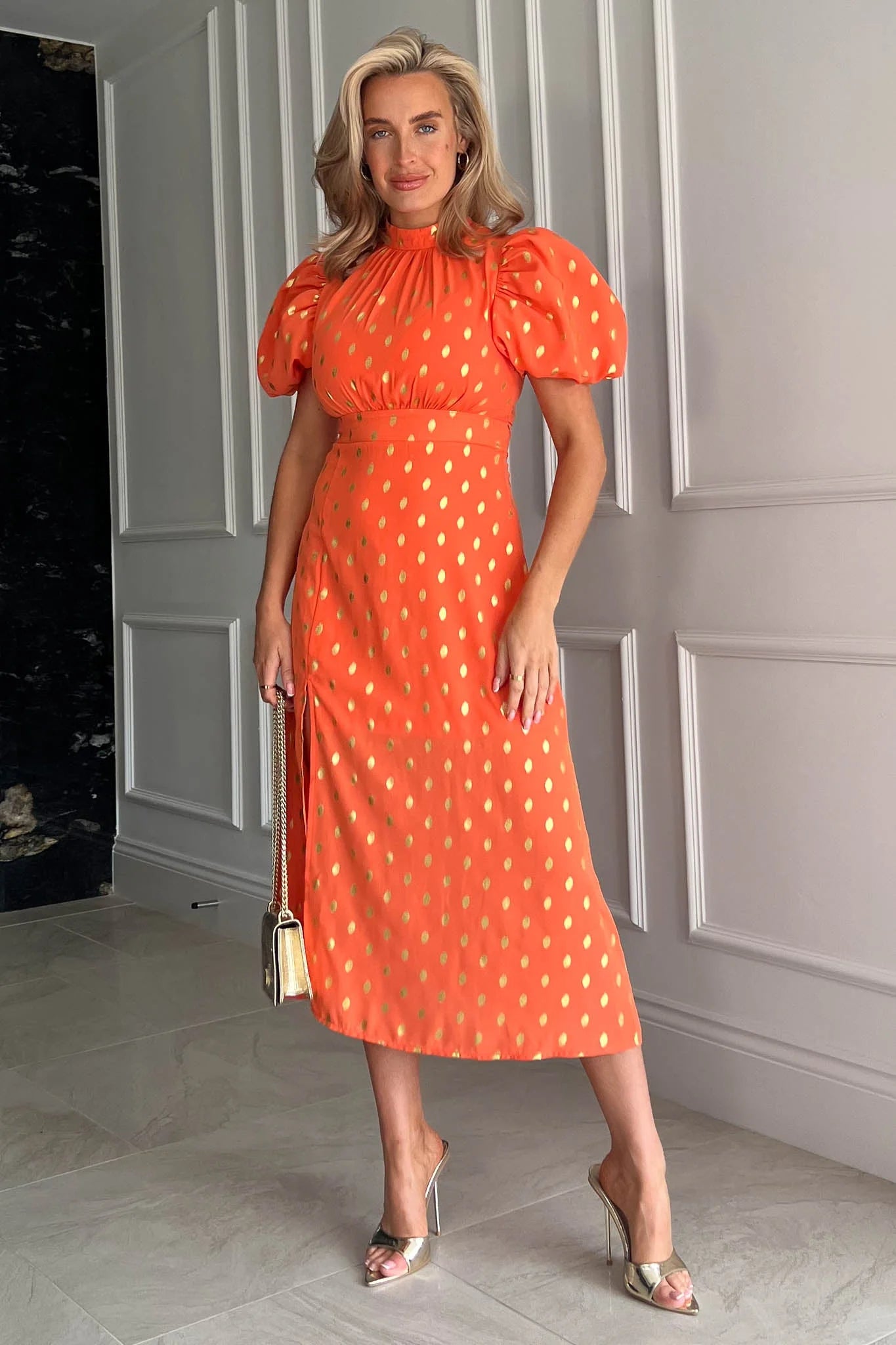 midi dresses for curvesLilly Orange Gold Foil Print Puff Sleeve Midi Dress