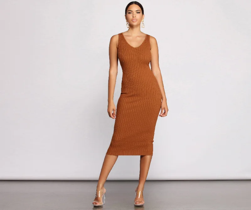 quick-dry midi dressesKeepin' Knit Chic Charming Midi Sweater Dress