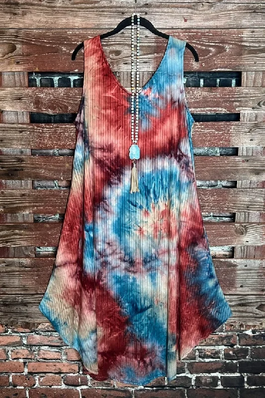 midi dresses with spaghetti strapsEASY BREEZY TEAL & RUST TIE DYE MIDI DRESS