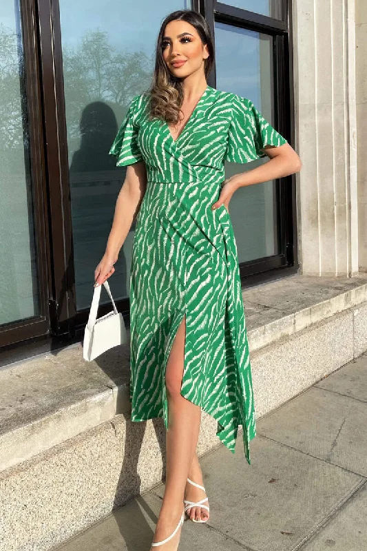 mid-length midi dressesGretta Green and White Animal Print Midi Dress