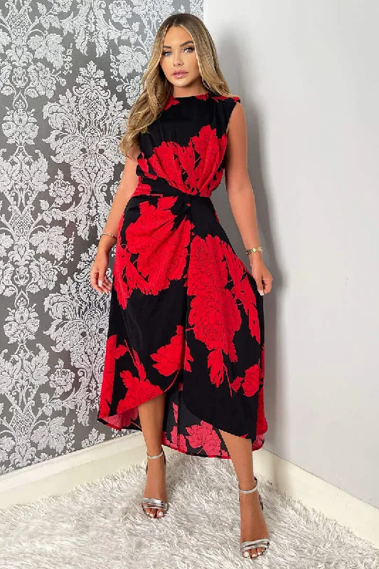 midi shift dressesIndia Red and Black Floral Print Wrap Style Midi Dress