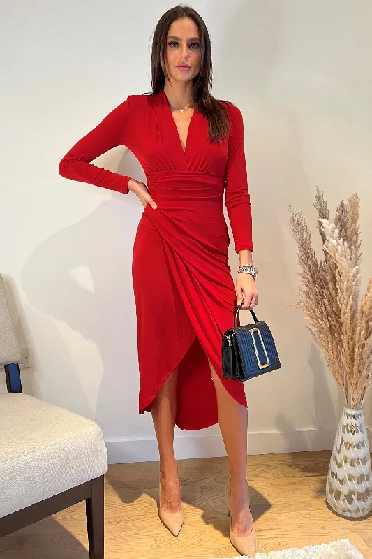 off-the-shoulder midi dressesDora Red Wrap Style Front Split Midi Dress