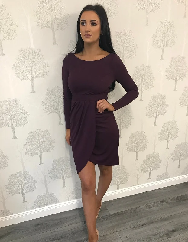 midi dresses made of silkPurple Long Sleeve Wrap Midi Dress