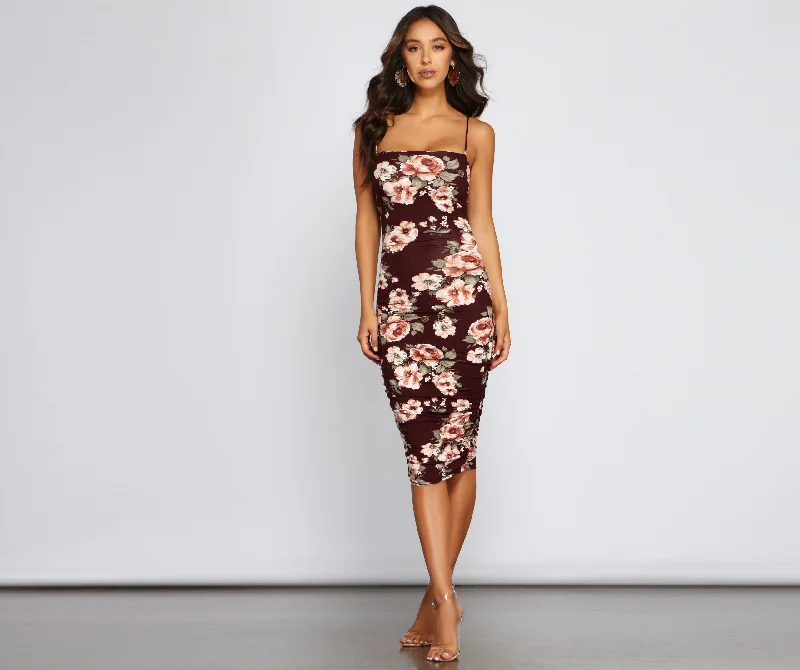 mid-length midi dressesFloral Lover Stylish Ruched Midi Dress