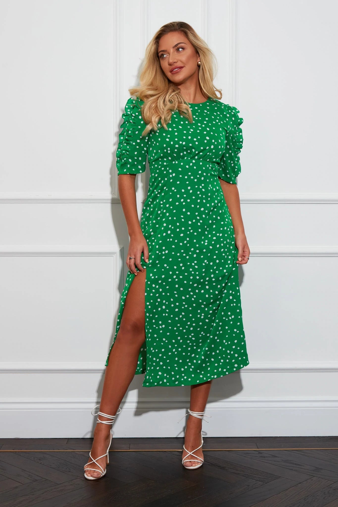 work-appropriate midi dressesCarly Green Polka Dot Frill Sleeve Midi Dress