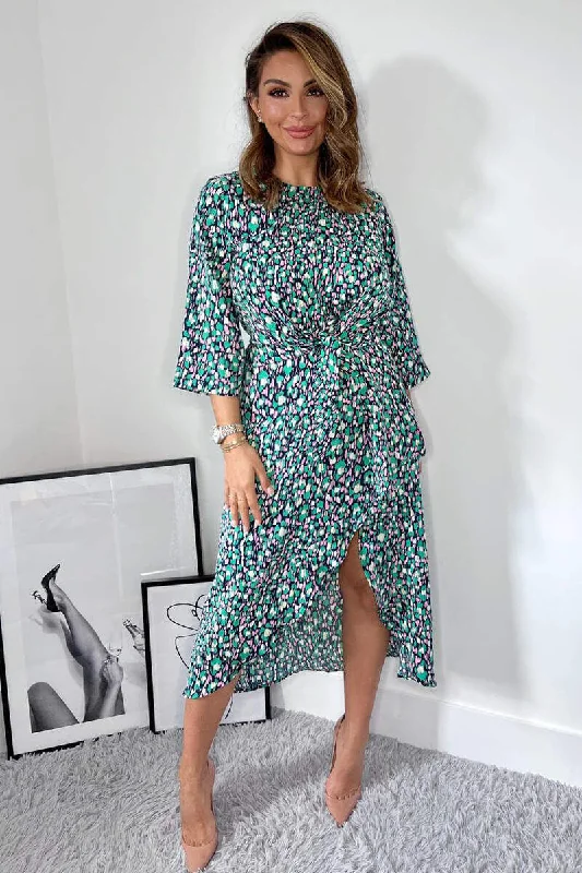 casual chic midi dressesKath Navy Green and Pink Tie Front Midi Dress