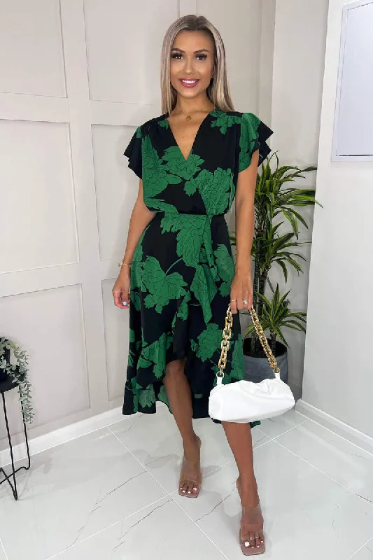 ruffled midi dressesTina Black and Green Floral Print Wrap Midi Dress