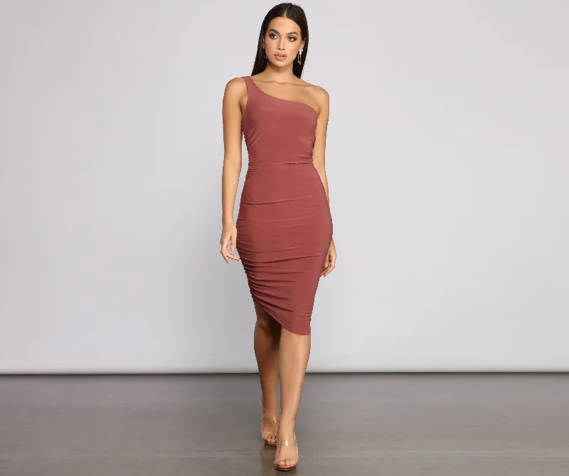 casual chic midi dressesRuched Stunner One Charming Shoulder Midi Dress