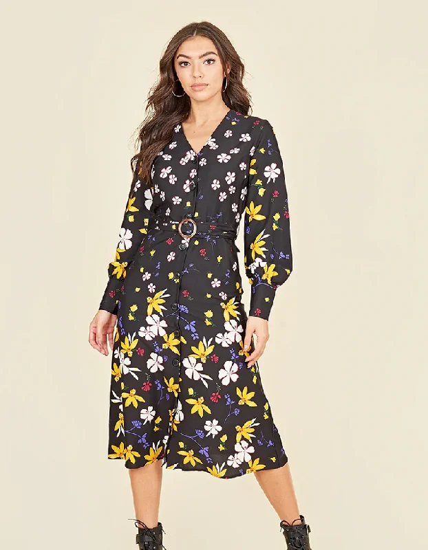 lightweight chiffon midi dressesLydia Multi Floral Button Front Belted Midi Dress