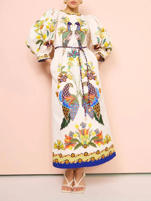 lace midi dressesExquisite And Fun Printed Puff Trendy Sleeves Loose Casual Midi Dress