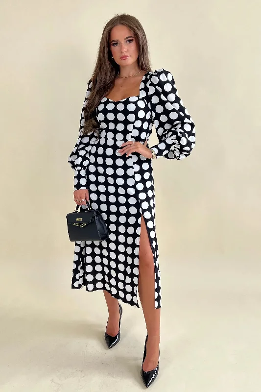 midi dresses for springKarl Polka Dot Sweetheart Long Sleeve Midi Dress