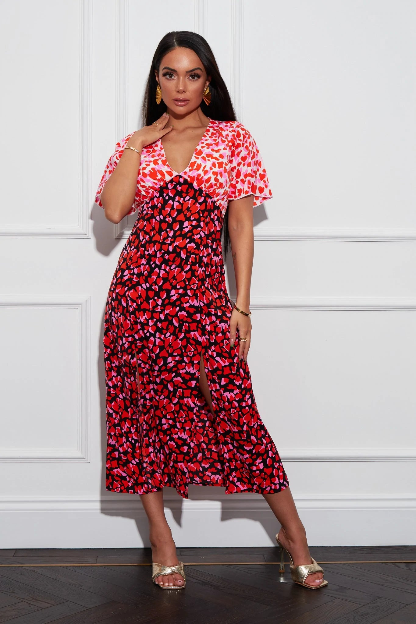 waist-cinching midi dressesAnita Multi Heart Print Angel Sleeve Midi Dress