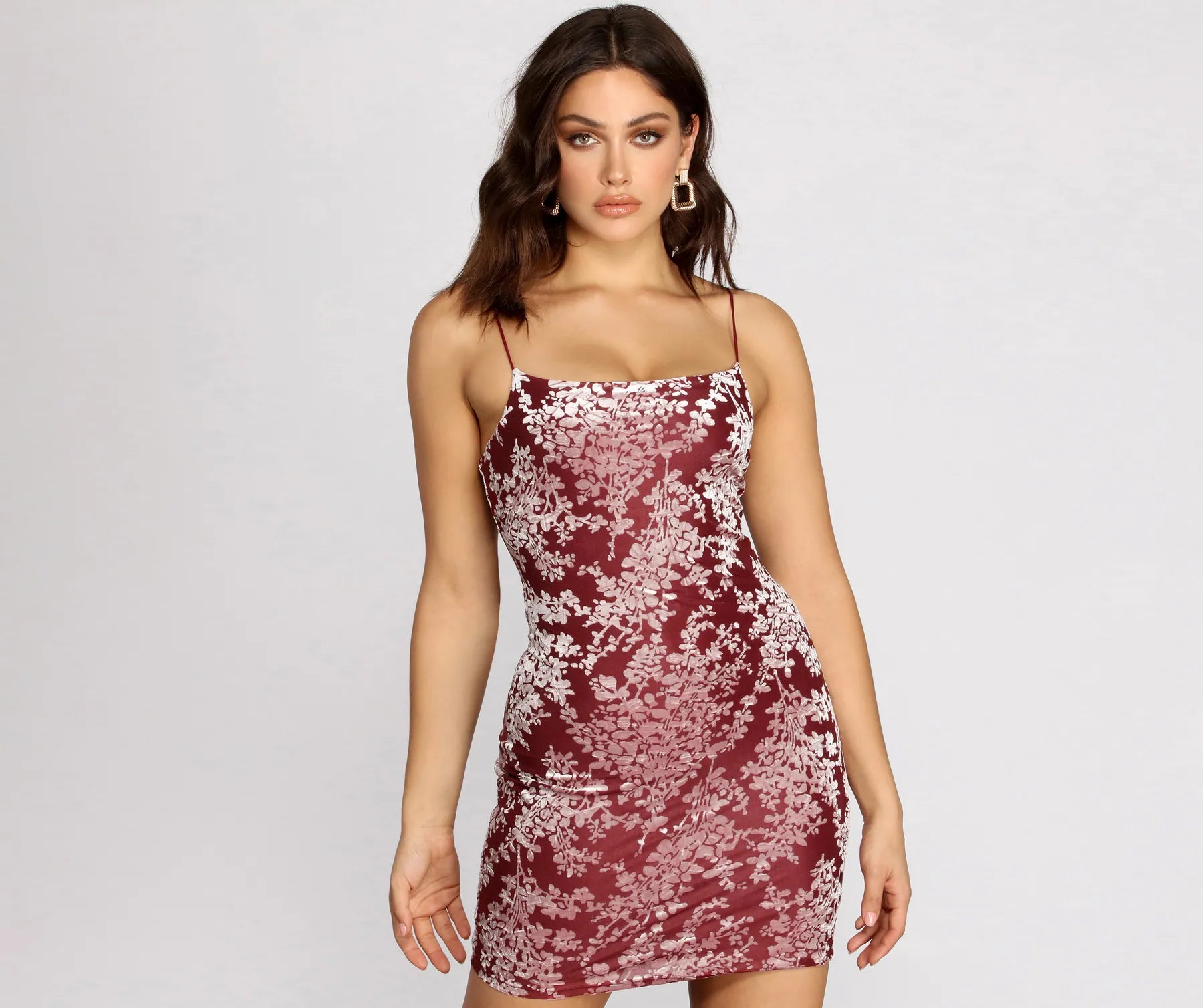 women's floral Mimi dresses with adjustable strapsBurnout Out Flocked Floral Mini Dress