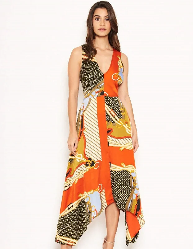 midi cocktail dressesCaroline Orange Multi Chain Print Midi Dress