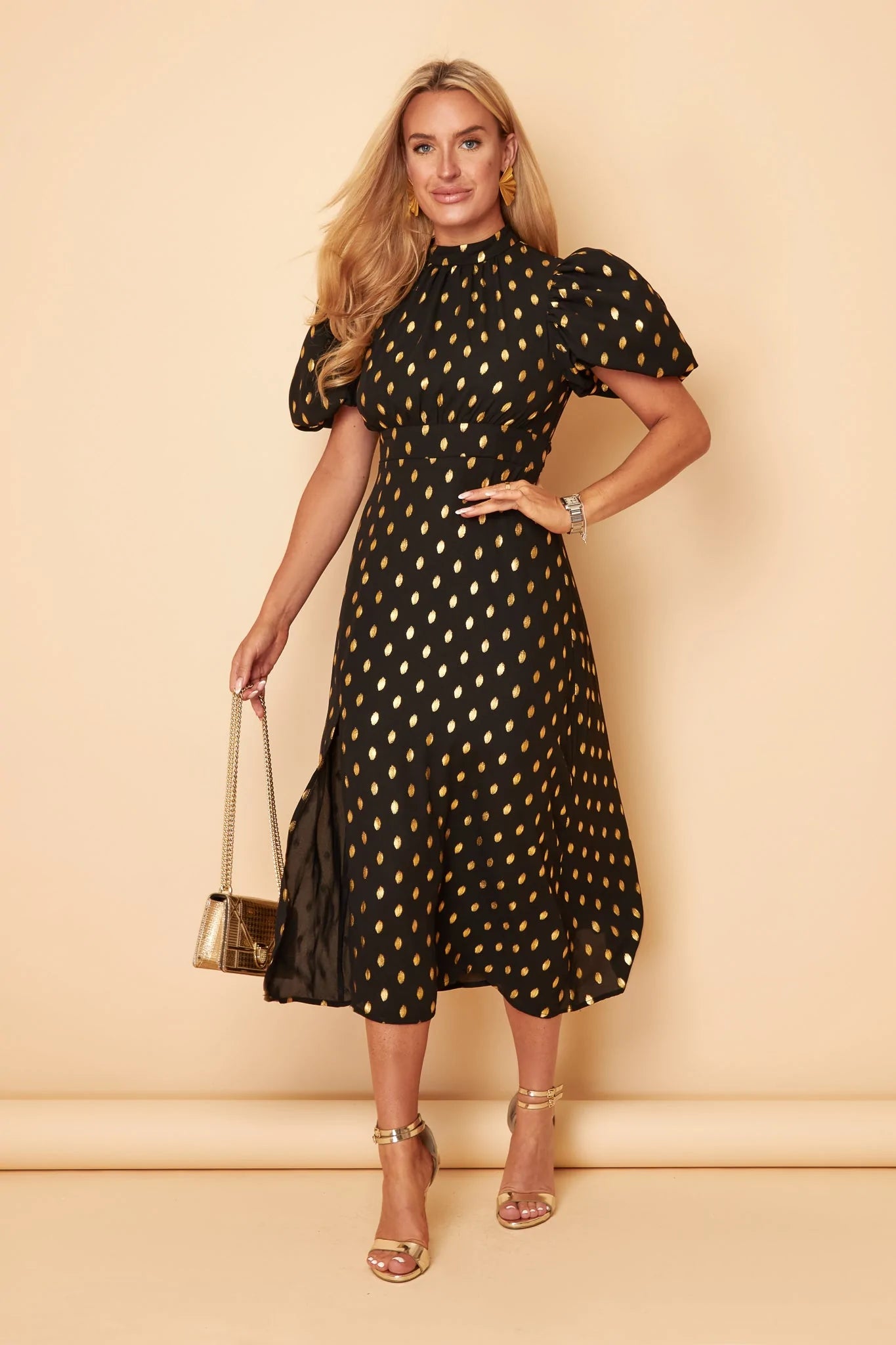 midi dresses with pocketsLilly Black Gold Foil Print Puff Sleeve Midi Dress