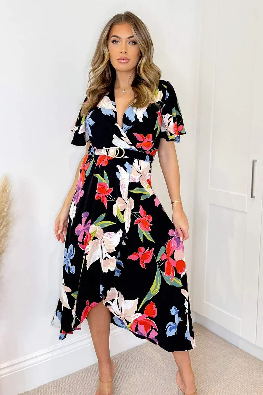 comfortable midi dressesWillow Black Floral Multi Print Belted Midi Dress