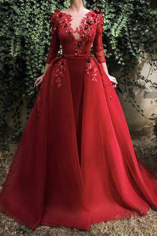 simple yet stylish midi dressesA Line Organza Midi Sleeves Red Puffy Prom Dresses with Flowers