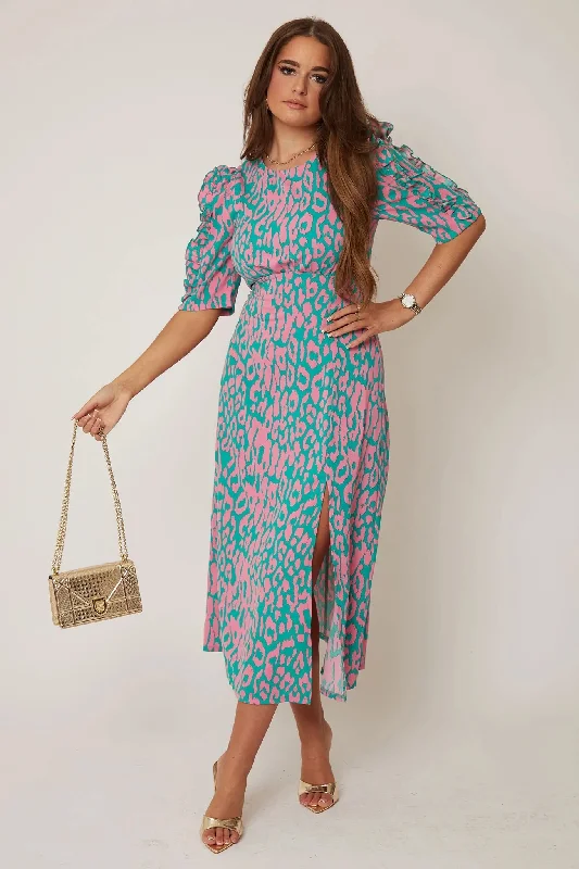 elegant midi dressesEmilie Pink and Turquoise Print Frill Sleeve Midi Dress