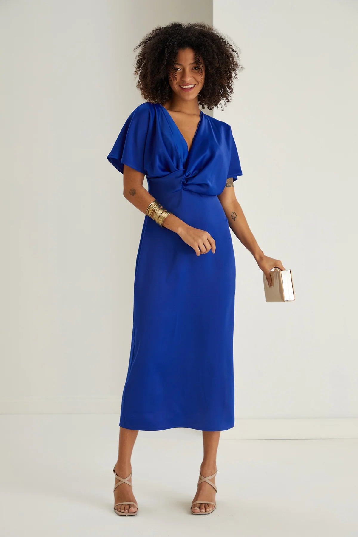 midi dresses for petitesFarra Cobalt Blue Twist Detail Satin Midi Dress