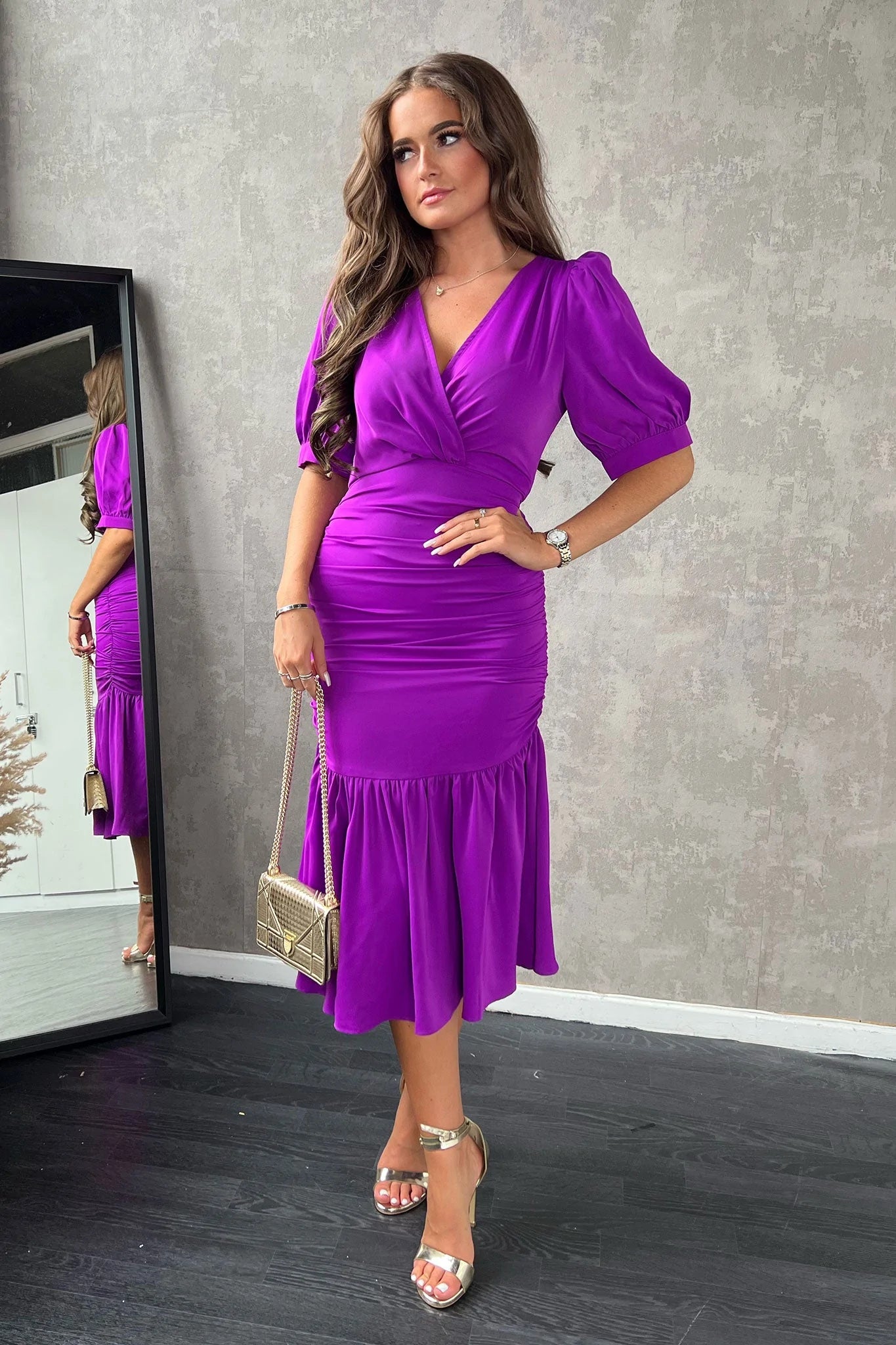 midi bodycon dressesNina Orchid Puff Sleeve Ruched Midi Dress