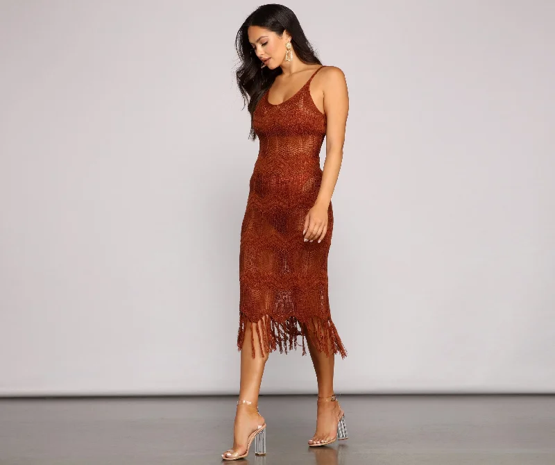 satin midi dressesBoho-Chic Crochet Stylish Midi Dress