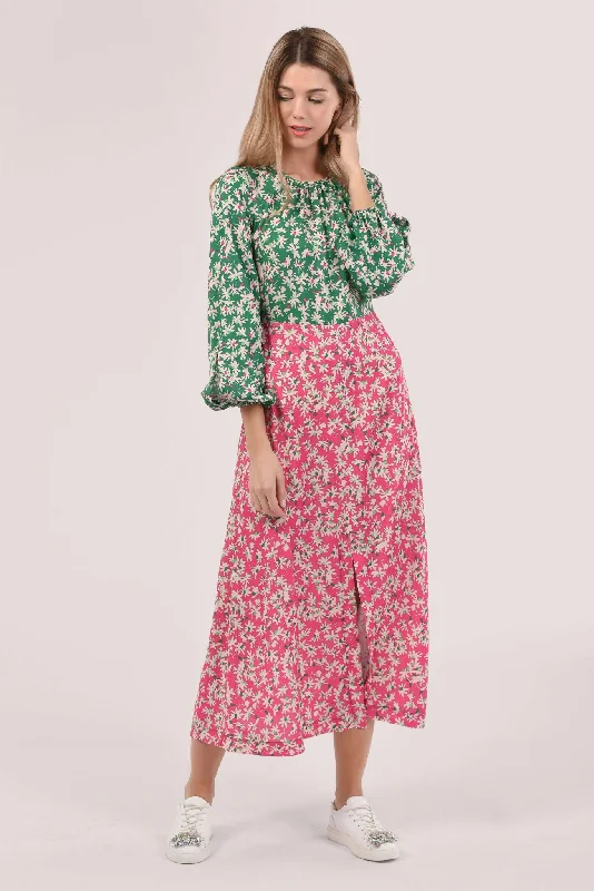 casual everyday midi dressesMolly Pink & Green Floral A Line Midi Dress