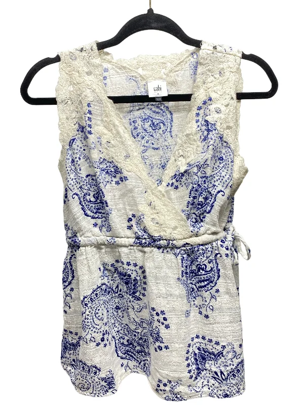 women's tops with cold-shoulder cuts and lace detailingBlue & White Top Sleeveless Cabi, Size S