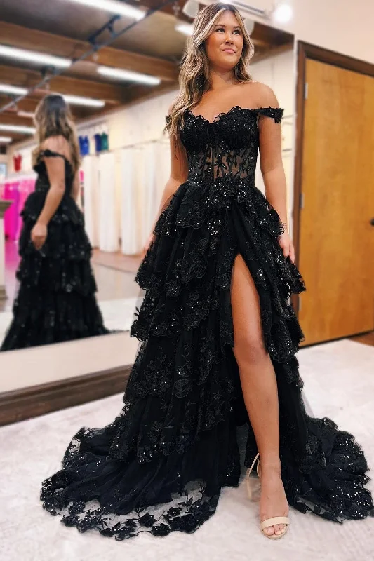 prom dresses with illusion panelsA-Line Appliques Off-the-Shoulder Ruffle Empire-Waist Sleeveless Long Prom Dress