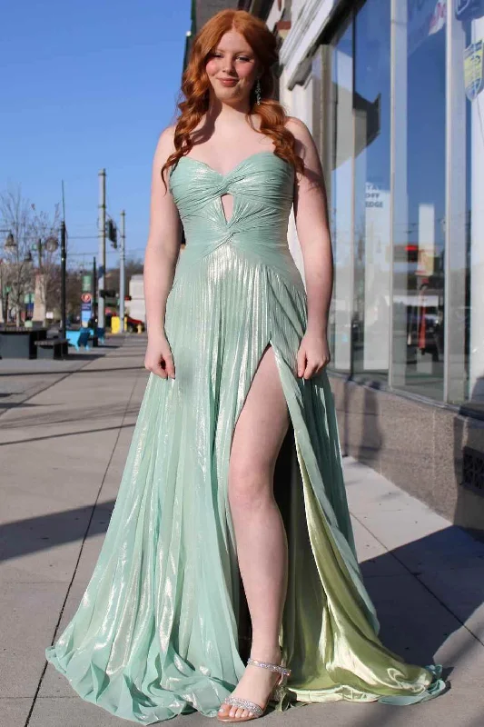 prom dresses for plus-size figuresA-Line Strapless Pleated High Slit Sleeveless Metallic Long Prom Dress