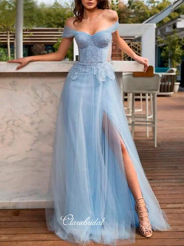 modern prom dressesA-line Tulle Elegant Prom Dresses, Off Shoulder Long Prom Dresses, Blue Prom Dresses