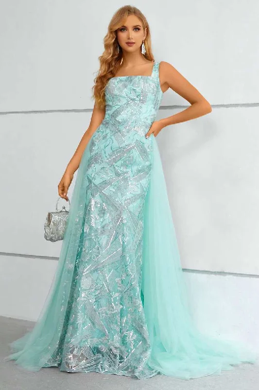 prom dresses with floral embroideryAqua Square Neck Mermaid Long Prom Dress with Attached Train