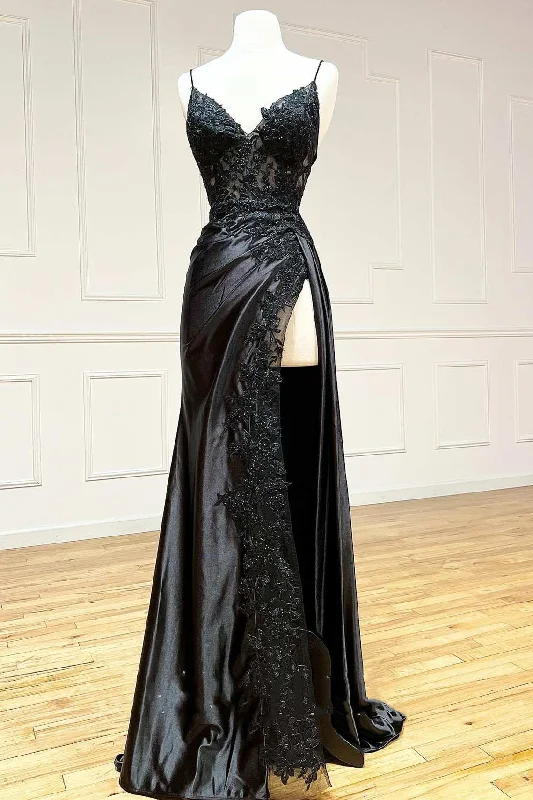 illusion neckline prom dressesBlack Appliques V-Neck Lace-Up Prom Gown with Slit