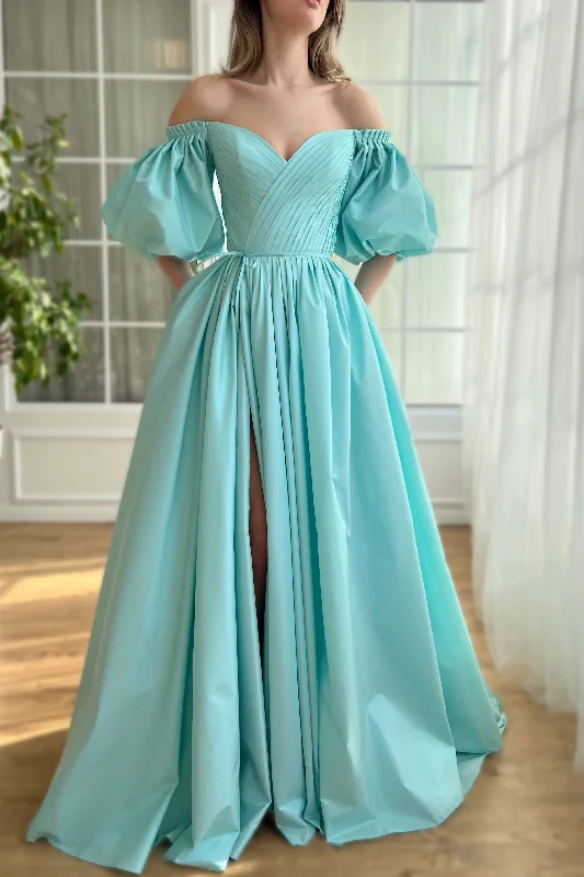 prom dresses with built-in petticoatsBlue A-line Satin Prom Dresses With Off the Shoulder Sleeves, Side Slit Prom Dresses, Elegant Newest Prom Dresses