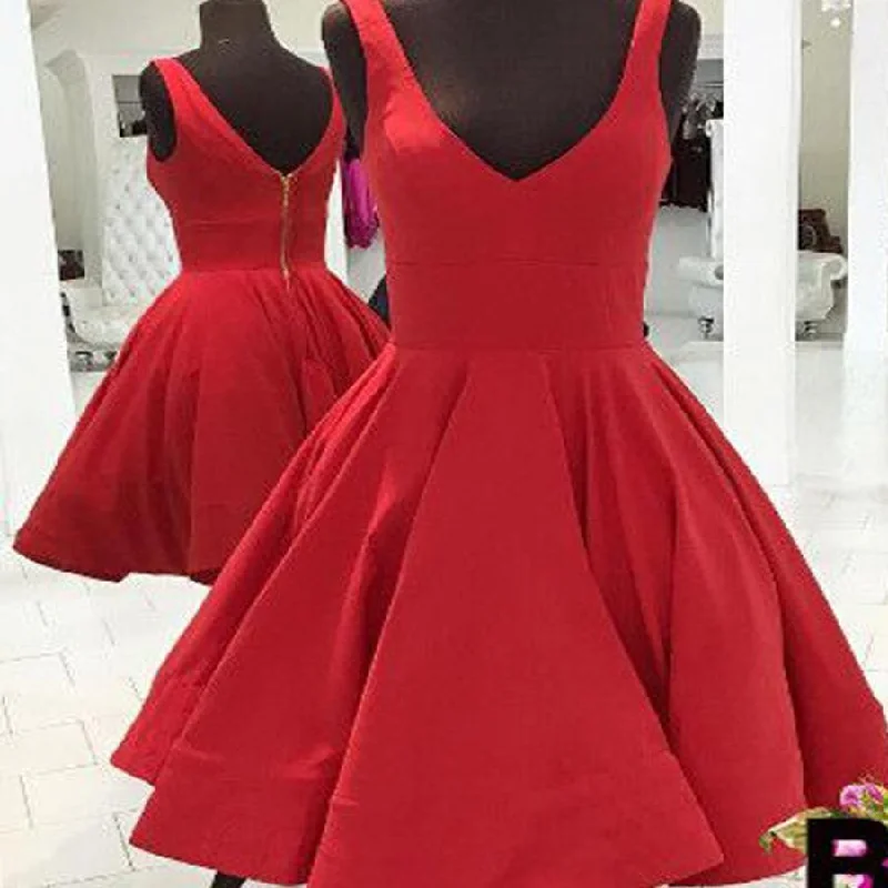 prom dresses with built-in petticoatsBlush red simple v-neck freshman A-line cheap homecoming prom gown dress,BD00141