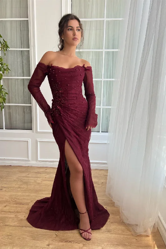 prom dresses with pocketsBurgundy Mermaid Prom Dresses With Long Off Shoulder Sleeves, Beaded Side Slit Prom Dresses