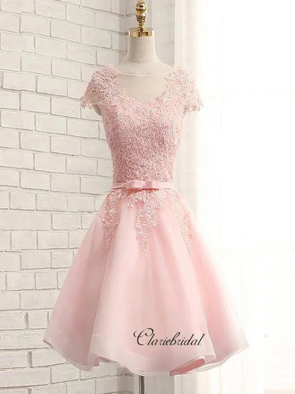 beaded prom dressesCap Sleeves Lace Homecoming Dresses, Elegant Short Prom Dresses